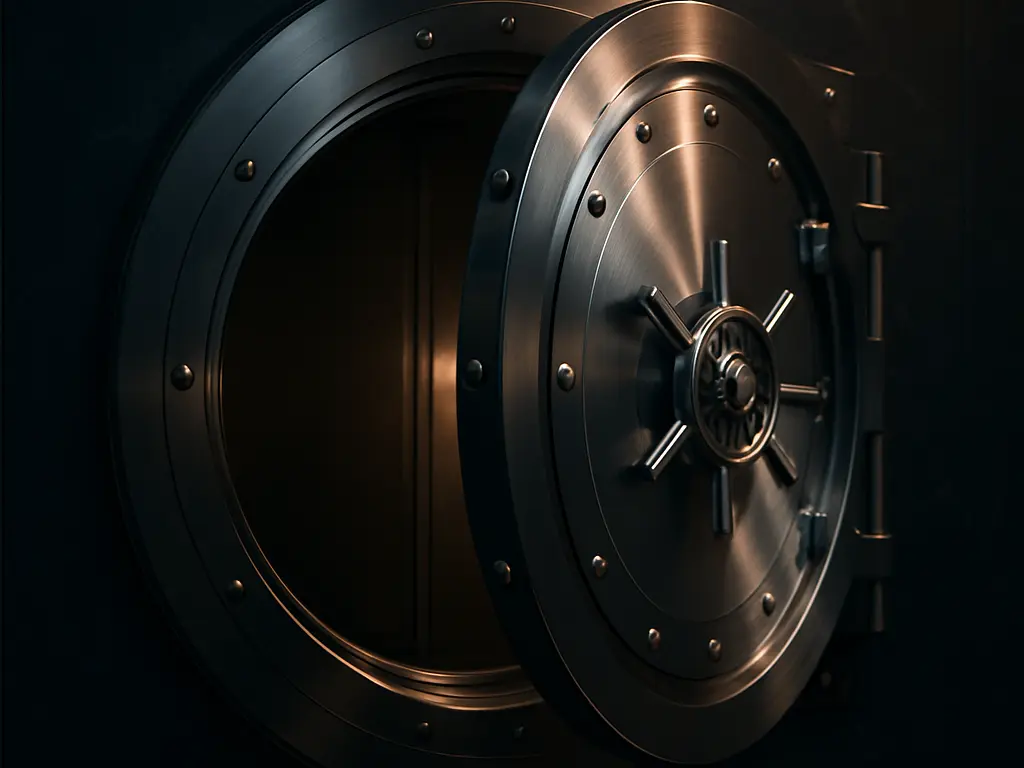 A polished stainless-steel bank vault door in an elegant dark marble setting