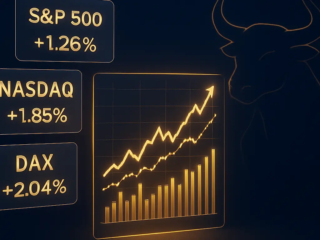 Global indices visualisation showing rising benchmark index charts in gold on a navy background