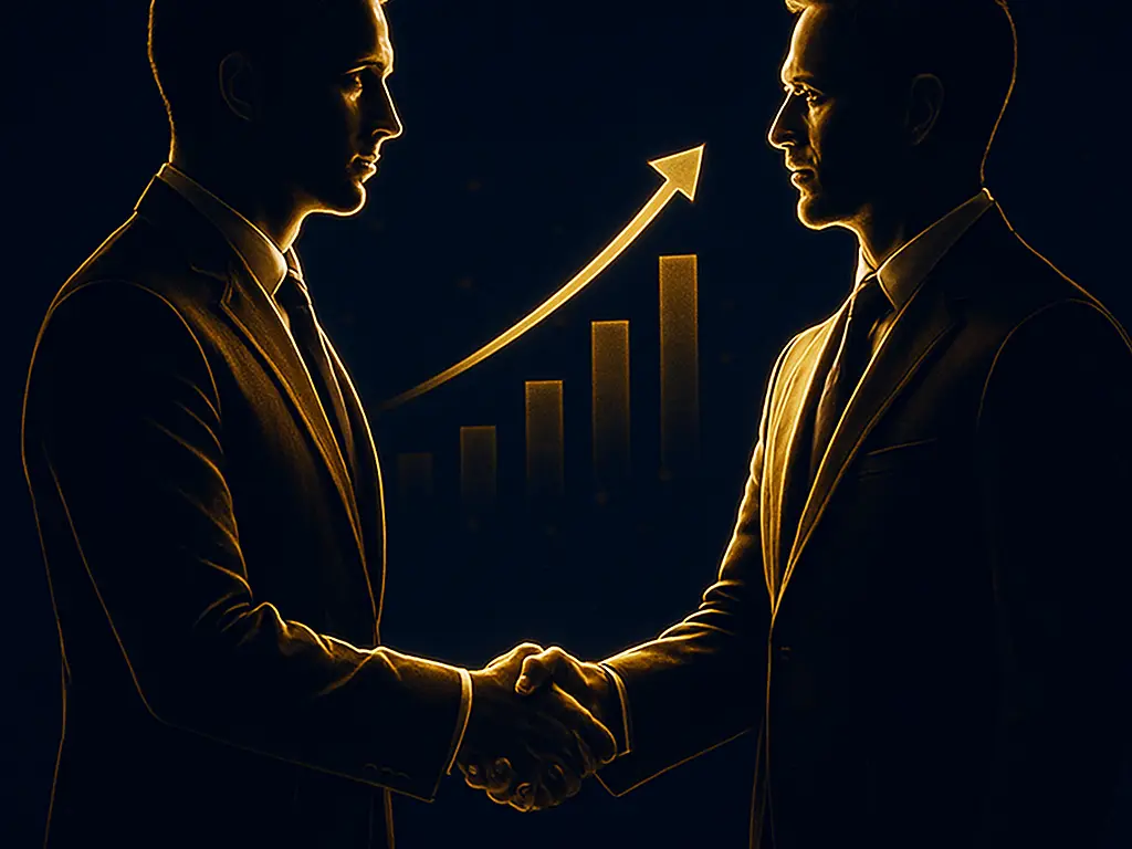Two business professionals shaking hands in partnership, with gold growth charts on a navy background