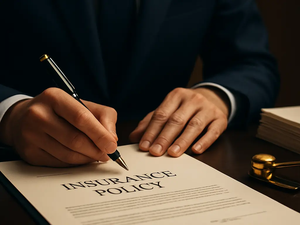A businessperson in a navy suit signing an official insurance policy document at a desk